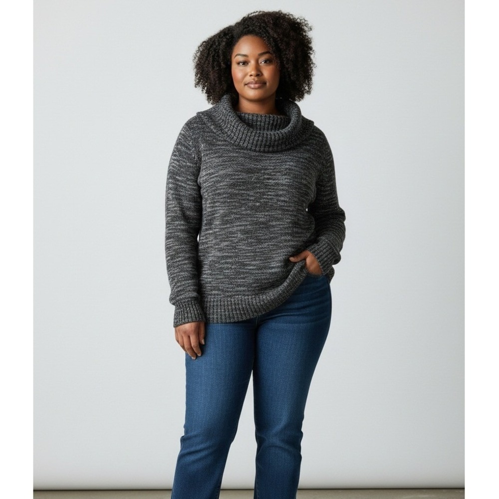 AB Studio Cowl Neck Tunic Sweater Grey/Black Marled XL Minimalist Layering Comfy
